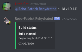 Me starting a Toontown Offline build by mentioning the Robo-Patrick bot.