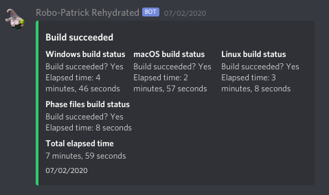 Robo-Patrick outputting the results of a completed build.